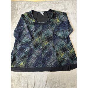 CATHERINES Womens Boho Tunic Blouse Crew Neck 3/4 Sleeve Stretch Green Blue 3X